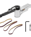 10mm Pneumatic Belt Sander With High Speed 16000 RPM Air Grinding Polisher Tool, includes three sanding belts for various surfaces.