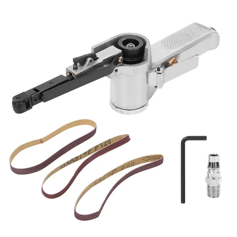 Chiciris 16K Rpm Air Belt Sander For Wood Glass Metal with interchangeable sanding belts and hex key included.