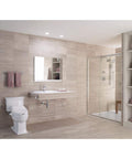 Bright bathroom with modern shower, toilet, and mirror above sink; not depicting the Forte Centerset Bathroom Faucet With Two Handles.