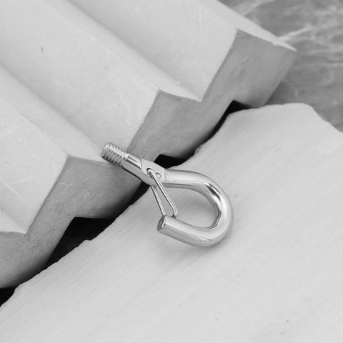 10 Pack M4 Screw Hanging Hook With Spring Buckle Eye Hook For Lights And Signs, DIY Go To Mounting Gear With Metric Internal Threads M4, 32mm Long, 18mm Wide, 4mm Thread Diameter, 10mm Hook Width silver hook with spring buckle attached to threaded insert
