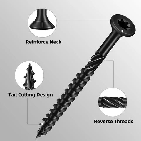 Built Tough Heavy Duty Deck Screws Black Carbon Steel With Torx Drive Nail It Fast On Outdoor Wood Fencing showcasing reinforced neck and reverse threads.