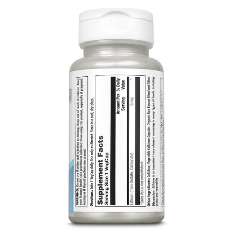 Side view of Lithium Orotate 5 Mg Supplement For Mood Support And Chill Chelated Mineral Formula With Organic Rice Bran Base 120 VegCaps for better bioavailability