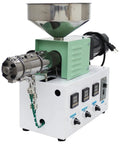 Badass Single Screw Extruder Desktop Machine For Custom 3D Printer Filament Production With Precision Heating And Smooth Plastic Output For Abs Pla Petg Tpu Tpe Peek Pcl Using One Inch Diameter And 110 Volt Power For Solid Continuous Extrusion, showing the extruder's stainless steel funnel and motor.