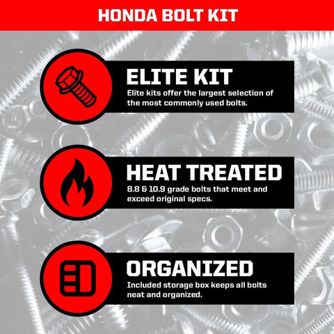 Honda Elite 210 Piece Bolt Kit for CR125R CR250R CRF250R CRF450R CRF450X CRF450RX XR and XL models, features elite heat-treated bolts.