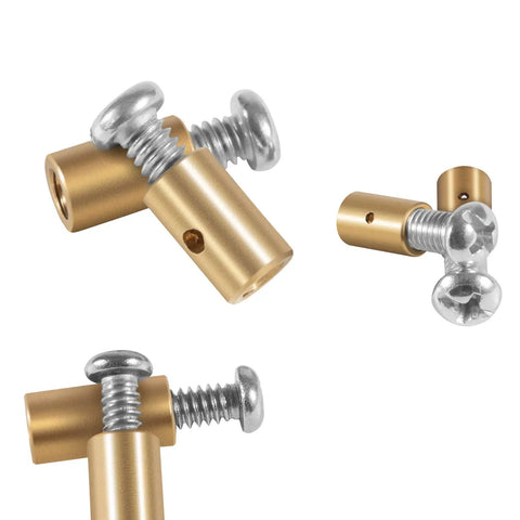 Close-up of gold and silver cable lock clips from the Cable Stop Assortment Kit, 24 Pack Universal Fit For Anchoring Cables In One Quarter Inch.