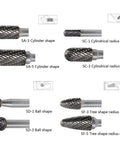 Carbide burr set, 8 pcs, 1/4 in shank, double-cut grinding/carving bits for die grinder (ball, tree, cylinder shapes)