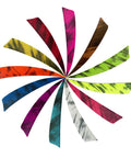 Colorful fanned arrangement of Four Inch Shield Cut Turkey Feather Arrow Vanes 25 Pack Right And Left Wing Fletching For DIY Archery.