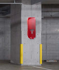 Built Tough Red Surface Mount Fire Extinguisher Cabinet With Lock Down Door And Quick Grip Pull Cover For Heavy Duty All Weather Outdoor Safety Setup Box mounted against a concrete wall.