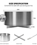 Smokeless Fire Pit For Outdoors, Portable Wood Burning Camping Stove With Removable Stand And Ash Pan, stainless steel dimensions