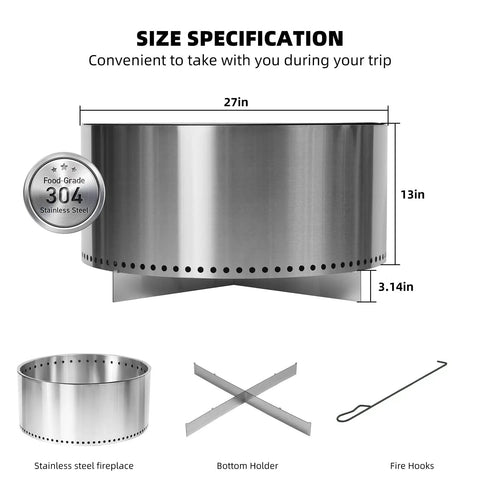 Smokeless Fire Pit For Outdoors, Portable Wood Burning Camping Stove With Removable Stand And Ash Pan, stainless steel dimensions
