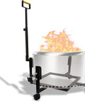 Rolling Fire Pit Stand With Telescoping Handle And Wheels For 27 Inch Smokeless Pits shown with fire pit and flames