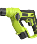 Built Tough Cordless Drill Hammer Screwdriver Industrial Power Tool Combo Set Featuring Three Mode Switches, green ergonomic handle close-up.