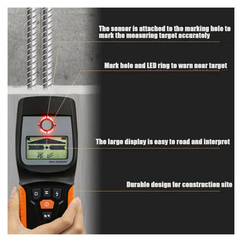 3 In 1 Stud Finder Wall Scanner Built-In LED Detects Wood Metal Wire And Pipes Smart Beep Center Pin Locator showing large display and sensor.