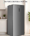 Spacious 21.2 Cubic Foot Convertible Stand Up Freezer And Refrigerator With Built In Frost Free Cooling Clear Glass Shelves And Reversible Entry for Daily Grind Use, shown in silver finish.