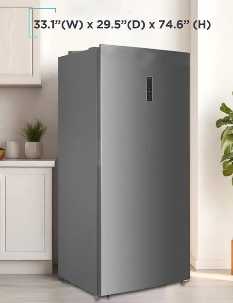 Spacious 21.2 Cubic Foot Convertible Stand Up Freezer And Refrigerator With Built In Frost Free Cooling Clear Glass Shelves And Reversible Entry for Daily Grind Use, shown in silver finish.