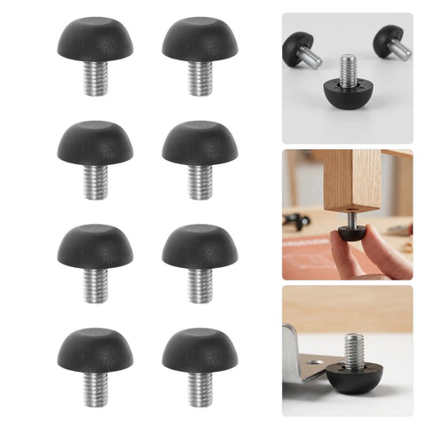 Heavy Duty M8 Adjustable Furniture Leveling Feet With Screw-In Legs, 12 Pack depicted with installation examples