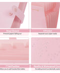 Pink 8 Pocket Expanding File Folder Accordion Organizer details with snap closure, 8 pockets, tab positions, waterproof cover