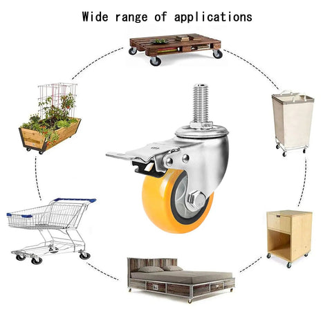 Badass Heavy Duty Workhorse Swivel Casters Kit Of Four With Bulletproof Polyurethane Wheels M12x30mm showing applications for carts and furniture.