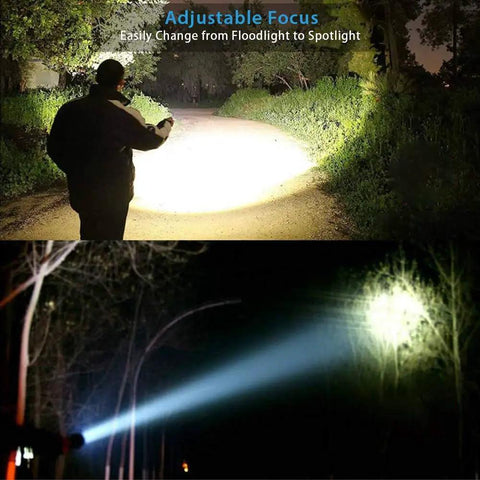 Person using Crazy Bright LED Tactical Flashlight With Rechargeable Battery And Zoomable Beam to illuminate a dark path.