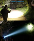 Person using Ultra Bright USB Rechargeable Magnetic LED Flashlight With COB Sidelight, zooming from wide flood to focused spot at night.