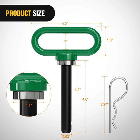 Five Eighths Inch Beefed Up Heavy Duty Neodymium Magnetic Trailer Hitch Pin in Green for Lawn Mower Tractor ATV and Tow Cargo