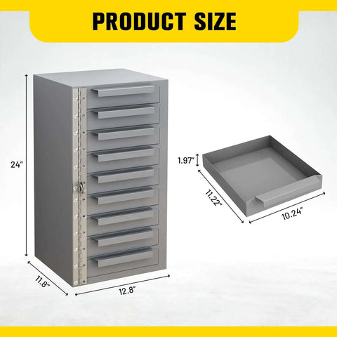 Gray Metal Tool Storage Cabinet With 9 Drawers With Dividers, All Welded Steel Construction For Rugged Durability, 12.8 Inch Wide By 11.8 Inch Deep By 24 Inch High, Heavy Duty Workshop Organizer For Truck Garage Warehouse And Office Tools.