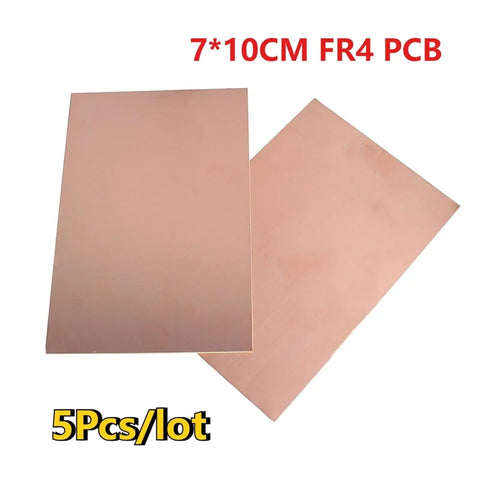 Five Pack Single Sided FR4 Copper Clad Laminate PCB Kit 7 by 10 cm laminate circuit boards for prototyping and DIY electronics projects.