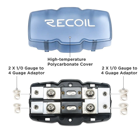 2 Way ANL Fused Distribution Block For Car Audio And Marine Use, Brass Construction, Marine Grade Satin Chrome Finish, High Temp Polycarbonate Base And Cover, 0 2 4 Gauge In And Out, Heavy Duty Power Wire Branching For Maximum Power Transfer, cover and base view