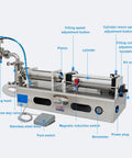 Built Tough Automatic Bottle Filler Slick Liquid Dispensing Machine With Heavy Duty Stainless Steel Frame Pneumatic Drive Adjustable Volume Settings Handles 10 To 30 Bottles Per Minute For 1000 To 5000 Milliliters showing components like filling head and control buttons.