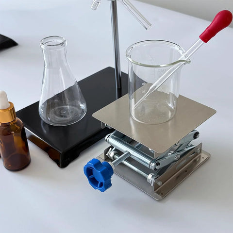 Stainless steel lab jack stand with 4x4 in square platform and blue knob, front view