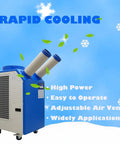 Heavy Duty Commercial Industrial Air Conditioner Portable Spot Cooler Unit Beats The Heat Instantly with dual air vents and blue casing.