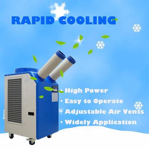 Heavy Duty Commercial Industrial Air Conditioner Portable Spot Cooler Unit Beats The Heat Instantly with dual air vents and blue casing.