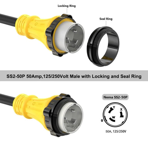 Close-up of Heavy Gauge 50 Amp Twist Lock Converter Nema SS2-50P with locking and seal ring for secure connections.