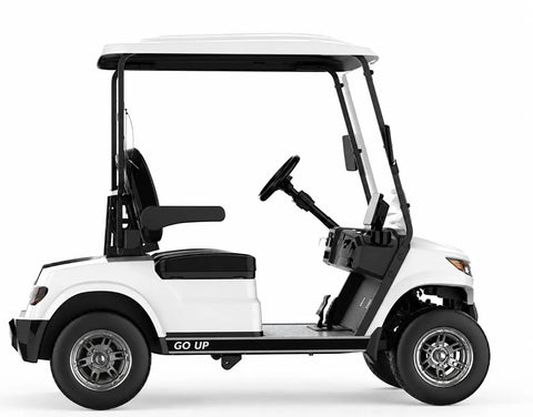 Smooth Ridin Dual Lithium Powered Golf Carts Two Seater with sleek white frame and black accents, side view showcasing lightweight design.
