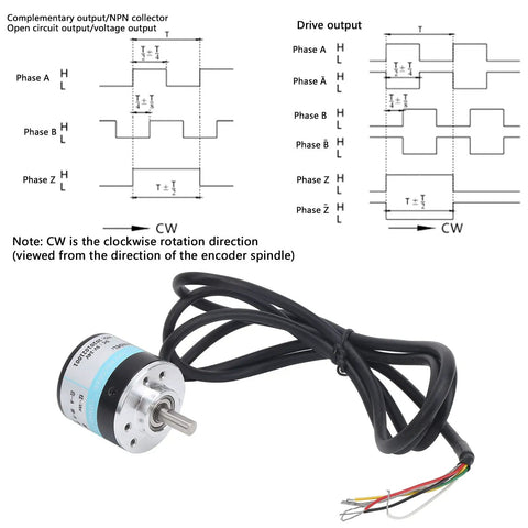 Industrial Full Shaft Encoder Built Tough With Durable Materials Three Phase Precision Encoder with wiring detail.