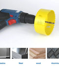 Four Inch Hole Saw Kit With Arbor Mandrel Bi-Metal Deep Cut attached to drill, suitable for wood and metal cutting