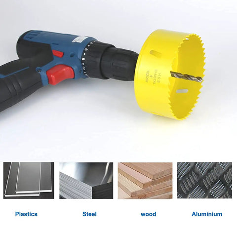 Four Inch Hole Saw Kit With Arbor Mandrel Bi-Metal Deep Cut attached to drill, suitable for wood and metal cutting