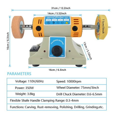 DIY Jewelry Buffing Polisher Kit For Bench Use Pro Grade Electric Lathe Grinder With Adjustable Speed Dimensions Shown