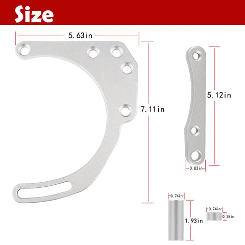 Low Mount Alternator Bracket With Double Hump Heads Adjustable Billet Kit For Small Block Chevy SBC 305 327 350 V8 detailed dimensions