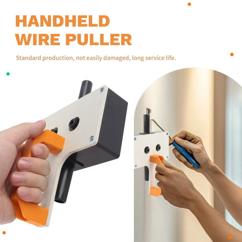 Handheld Wire Puller tool being used for cable feeding, showcasing metal build and ergonomic grip for electricians.