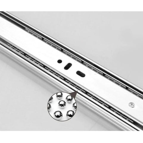 Heavy Duty Steel Drawer Slides With Quiet Bearings Three Section Guide Rails Double Row Stainless Steel Ball Bearings 300mm Cabinet Drawer Tracks Sturdy 38kg Load Smooth Quiet Sliding For Kitchen Cabinets close-up of steel rail and ball bearings