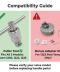 Compatibility guide for Moen Cartridge Puller Removal Tool Kit Heavy Duty Aluminum Extractor with adapter for 1222 Posi-Temp.