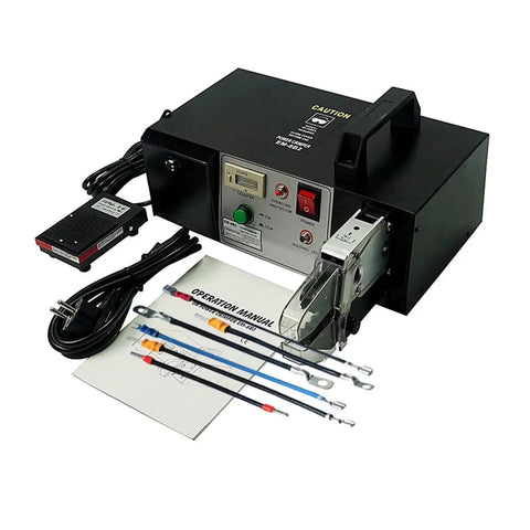 No Nonsense Heavy Duty Electric Terminal Crimping Machine With Seven Interchangeable Dies 90 Watt Motor features power buttons and operation manual.