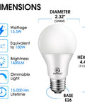 Bright Daylight 5000K A19 LED Bulbs 100 Watt Equivalent, 13.5W, 1600 Lumens, dimensions and features diagram