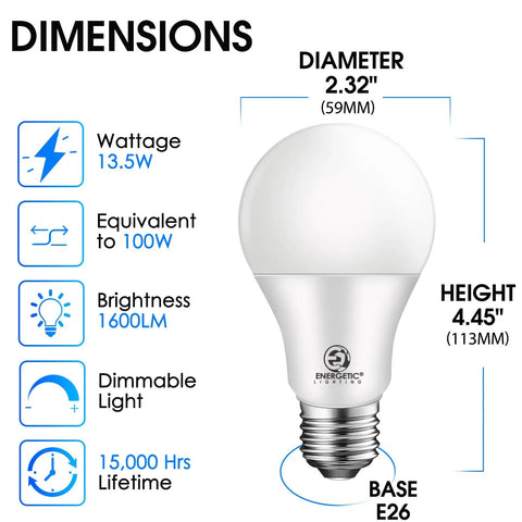 Bright Daylight 5000K A19 LED Bulbs 100 Watt Equivalent, 13.5W, 1600 Lumens, dimensions and features diagram