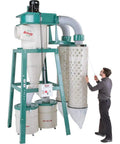 Heavy Duty 10 Horsepower 3 Phase Cyclone Dust Collector With 4029 CFM Suction and Dual Collection Drums, shown in use.