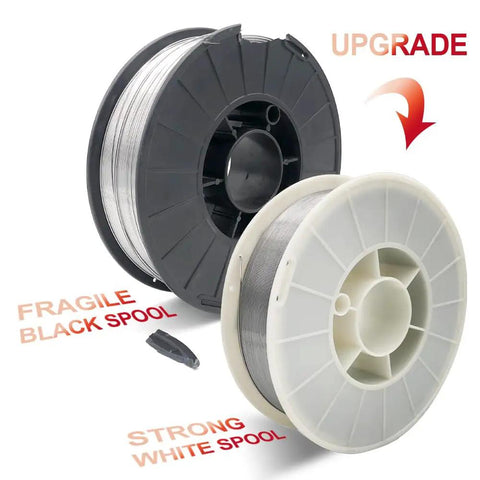 Flux Core Gasless MIG Welding Wire 0.035 Inch, 10 Lb Spool, E71T-GS Mild Steel Filler, black fragile and white strong spools shown