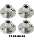 Heavy Duty 4 Pack Flange Coupling Kit Precision Motor Shaft Connector Quick Swap Stepper Mount Adapter Fits Like A Charm With 3Mm 4Mm 5Mm Shafts Built Tough For Cnc Routers And 3d Printers showing four metal couplers with holes for easy installation.