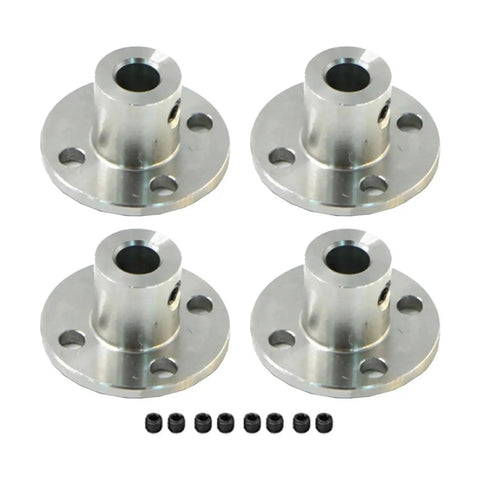 Heavy Duty 4 Pack Flange Coupling Kit Precision Motor Shaft Connector Quick Swap Stepper Mount Adapter Fits Like A Charm With 3Mm 4Mm 5Mm Shafts Built Tough For Cnc Routers And 3d Printers showing four metal couplers with holes for easy installation.