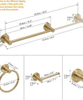 All-In-One Bathroom Accessories Set With Adjustable 16 To 26 Inch Towel Bar, Towel Ring, Toilet Paper Holder And Towel Hook, Wall Mounted Stainless Steel Brushed Gold Fixtures, Rustproof, Durable - Diagram showing dimensions of each item.
